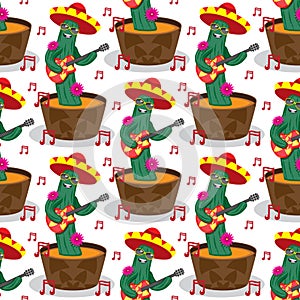 Seamless pattern with cactus cartoon character with a guitar pot hat glasses on a white background. Vector image