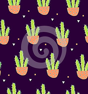 Seamless pattern with cactus in a flowerpot and geometric shape on black background. Succulent in doodle style. Ornament for texti