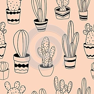 Seamless pattern of cactus plants in pots