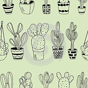 Seamless pattern of cactus plants in pots