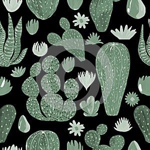 Seamless Pattern Cactuses hand-painted illustration on black background Exotic desert plant. Inroom plant for home decor