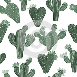 Seamless Pattern Cactuses hand-painted illustration on white background Exotic desert plant. Inroom plant for home decor