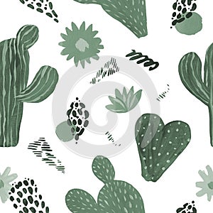 Seamless Pattern Cactuses succulent strokes hand-painted illustration on white background Exotic desert plant. Inroom