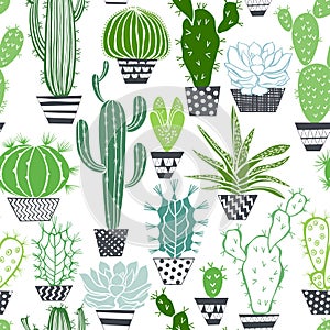 Seamless pattern with cactuses and succulents.
