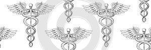 Seamless pattern of Cadeus Medical medecine pharmacy doctor acient symbol. Vector hand drawn black linear tho snakes with wings s