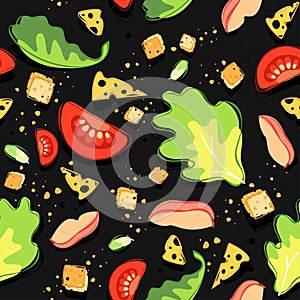 Seamless pattern of caesar salad ingredients