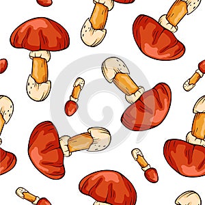 Seamless pattern with Caesars mushrooms in cartoon line art style. For wrapping paper, wallpaper, textiles, background