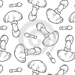 Seamless pattern with Caesars mushrooms in line art style. Design for wrapping paper, wallpaper, textiles. Vector