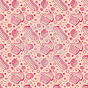 Seamless pattern with cake, eclair, strawberry, cherry, drops of syrup.