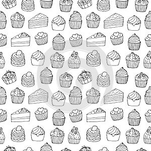 Seamless pattern cakes cupcakes and pieces vector illustration, hand drawing doodles