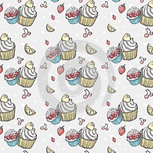 Seamless pattern with cakes and fruits