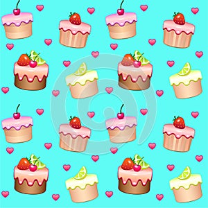 Seamless pattern with cakes and hearts - `I love sweet.` Seamless vector background with icing fruit muffins on a blue background.