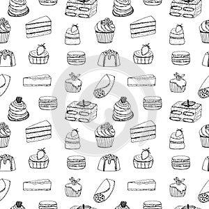Seamless pattern cakes vector illustration, hand drawing sketch