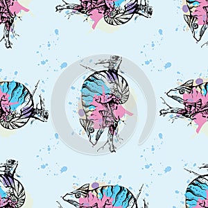 Seamless pattern calligraphic ink silhouette of a chameleon on a background of paint stains with the text wild animals. hand