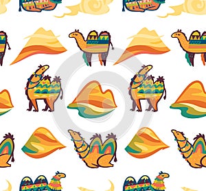 Seamless pattern with camels, desert and hills