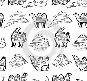 Seamless pattern with camels, desert and hills in cartoon tribal styles