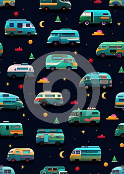 Seamless pattern with camper vans and camping trailers in blue background for repetition. Generative AI. Pattern mirrored repeat