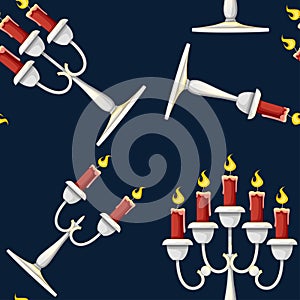 Seamless pattern. Candles in candlesticks set. Silver candelabra with red burning candles. Flat vector illustration on white