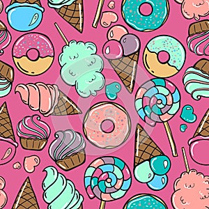 Seamless pattern with candy, donuts sweet icecream and other elements On pink background photo