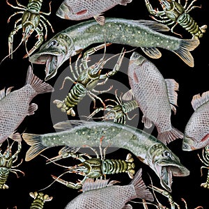 Seamless pattern with canser and fish. Crucian. Pike.