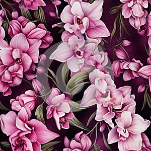 Seamless pattern of captivating, luscious, iridescent pink orchids