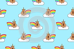 Seamless pattern of capybara and rainbow. Vector illustration