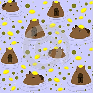 Seamless pattern with capybaras in lemons