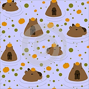 Seamless pattern with capybaras in tangerines