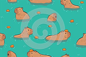 Seamless pattern capybaras in the water. Vector graphics photo