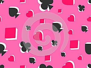 Seamless pattern with card suits: diamonds, hearts, clubs, spades in 3d style. Isometric 3d card suit symbols on pink background.