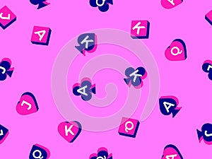 Seamless pattern with card suits: diamonds, hearts, clubs, spades in 3d style. Isometric 3d card suit symbols on pink background.