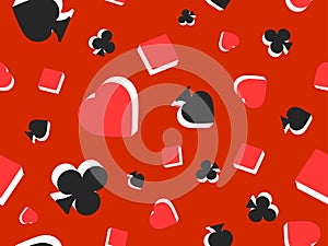 Seamless pattern with card suits: diamonds, hearts, clubs, spades in 3d style. Isometric 3d card suit symbols on red background.