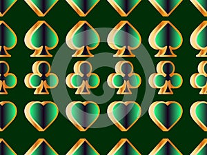 Seamless pattern with card suits: diamonds, hearts, clubs, spades in 3d style. Isometric card suits in gold color with green