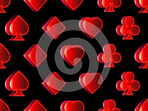 Seamless pattern with card suits: diamonds, hearts, clubs, spades in 3d style. Isometric card suits in red on a black background.