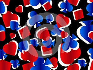 Seamless pattern with card suits: diamonds, hearts, clubs, spades in 3d style. Isometric symbols of card suits, blue and red