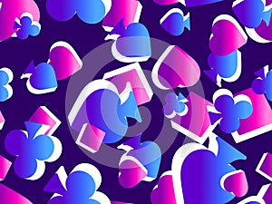 Seamless pattern with card suits: diamonds, hearts, clubs, spades in 3d style. Isometric symbols of card suits with gradient color