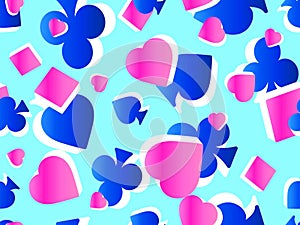 Seamless pattern with card suits: diamonds, hearts, clubs, spades in 3d style. Isometric symbols of card suits, pink and blue