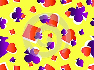 Seamless pattern with card suits: diamonds, hearts, clubs, spades in 3d style. Isometric symbols of card suits, violet and red