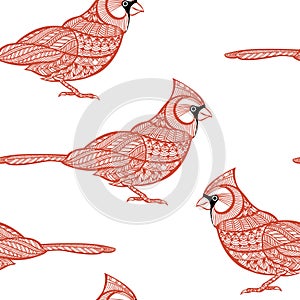 Seamless pattern with cardinals. Doodle hand drawn background.