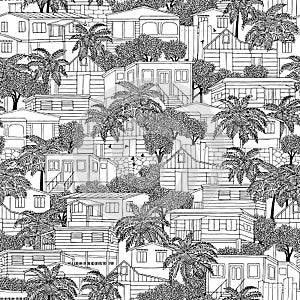 Seamless pattern of Caribbean wooden stilt houses