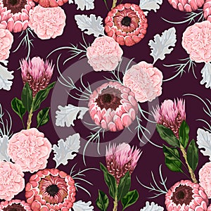 Seamless pattern with carnation, dusty miller, protea flowers, leaves and buds.