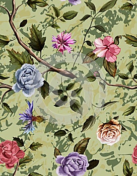 Seamless pattern of carnation flowers, roses, peony, leaves, cornflowers