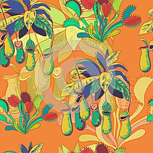 Seamless pattern with carnivores plants. Vector illustration.