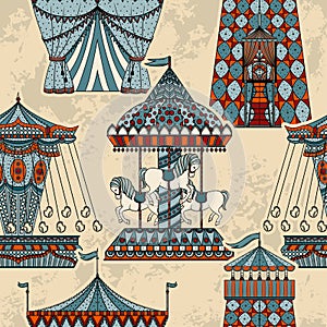 Seamless pattern with carousel and tent. Funfair theme.