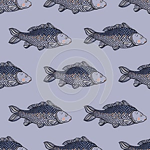 Seamless pattern with carp fish. Pond. Background with underwater inhabitants. Hand drawn.