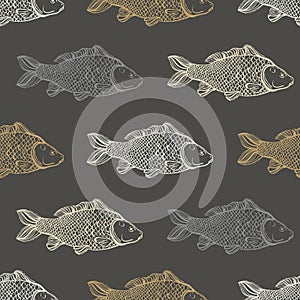 Seamless pattern with carp fish. Pond. Background with underwater inhabitants. Hand drawn.