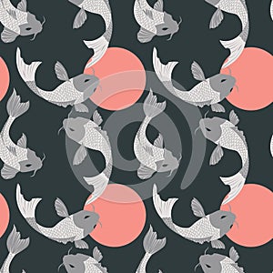 Seamless pattern with carp koi fish and sun, traditional japanese art