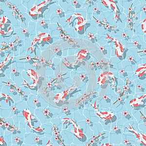 Seamless pattern with carp koi swimming in clear blue water and sakura flowers, top view. Cute Japan fish underwater