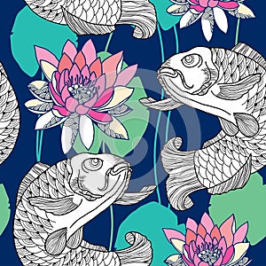 Seamless pattern with carp and water lily in pink