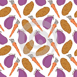 Seamless pattern with carrot eggplant potato on a white background. Vector illustration of ingredients for food backgroundin a